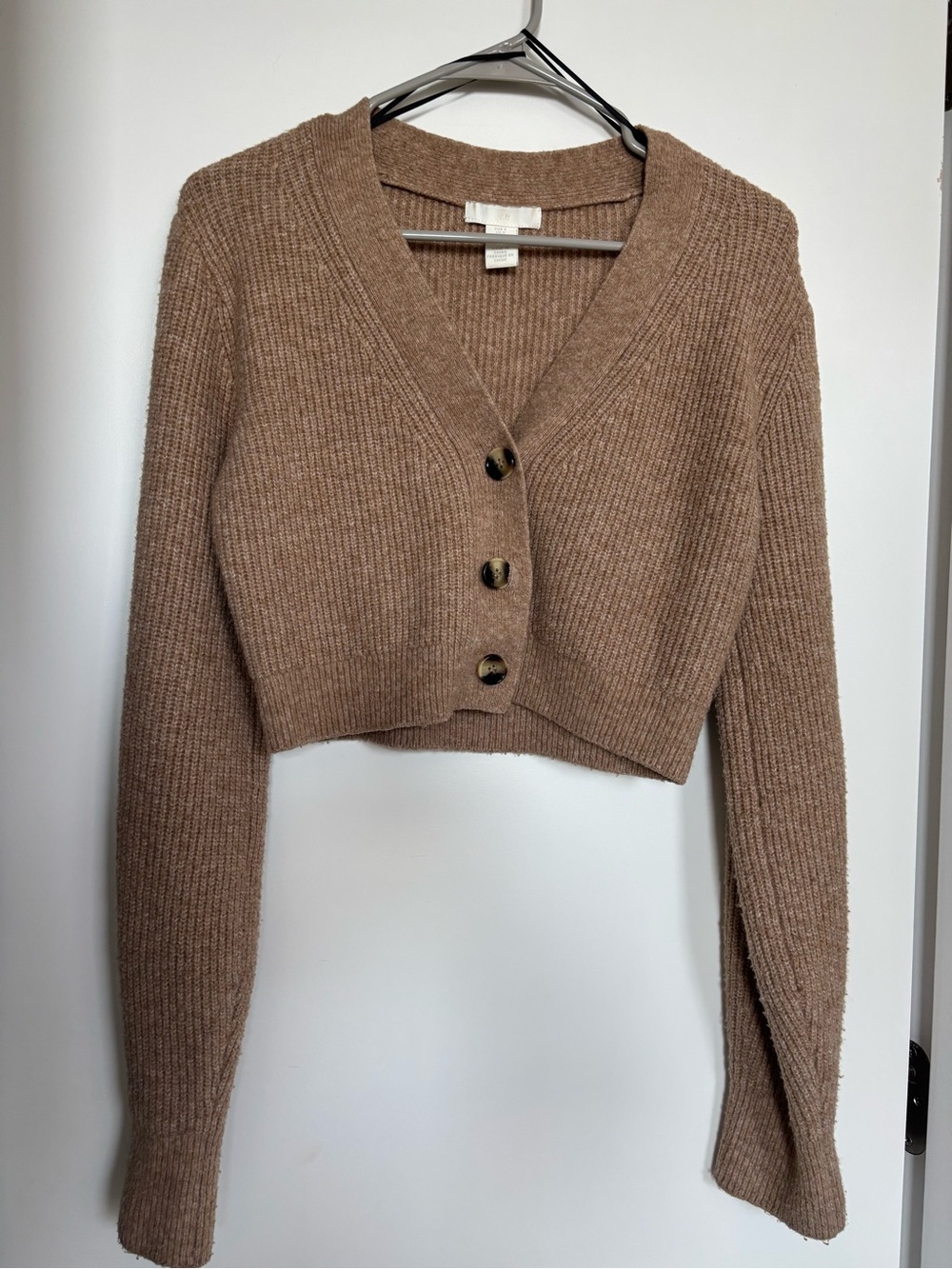 H&M Cropped V-Neck Button Ribbed Sweater Cardigan - Brown